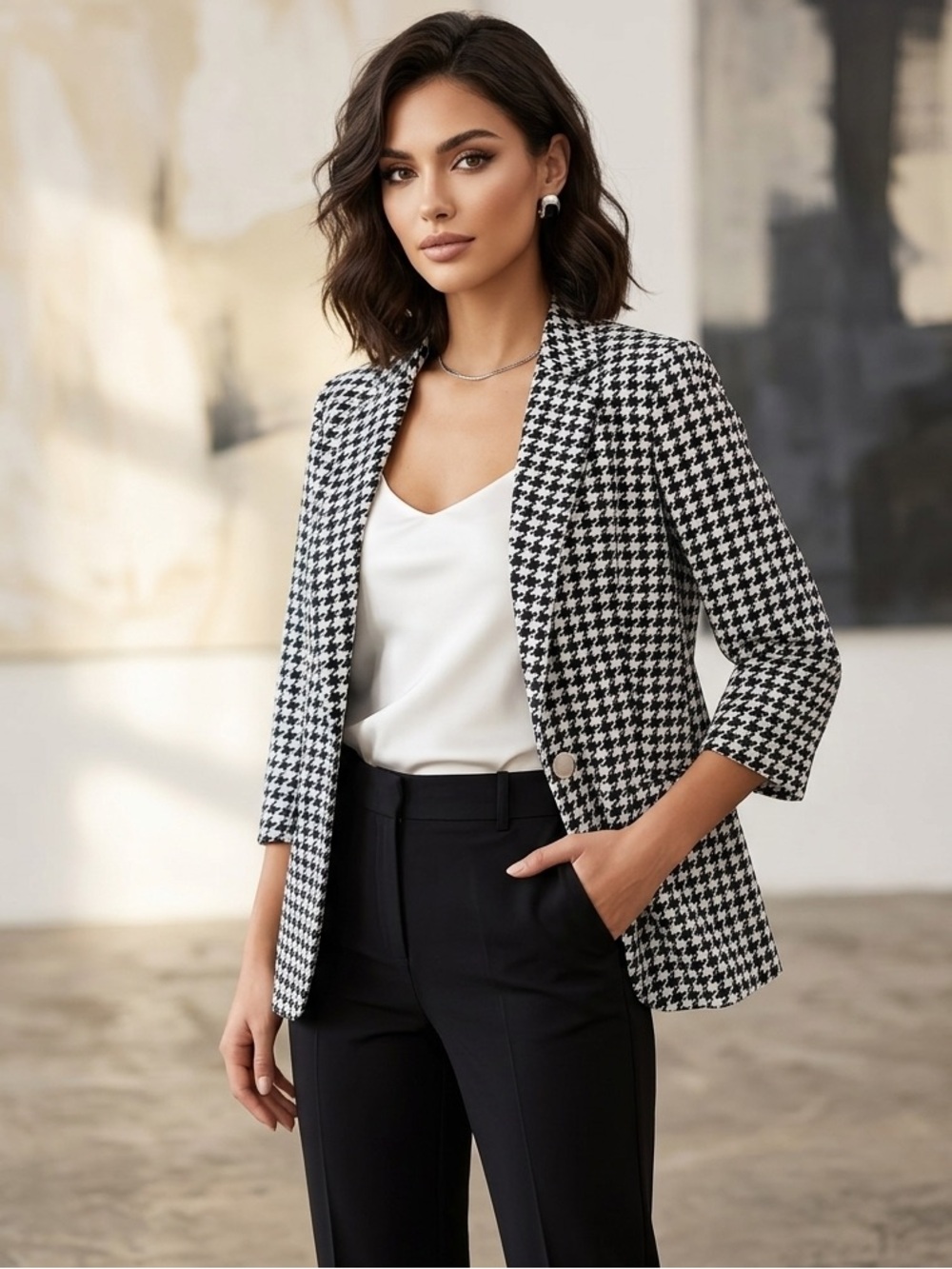 Women's Black and White Houndstooth Blazer